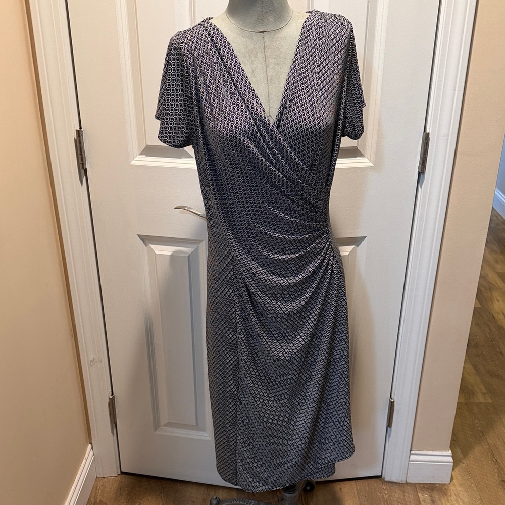 Talbots Black and White V-Neck Patterned Midi Dress